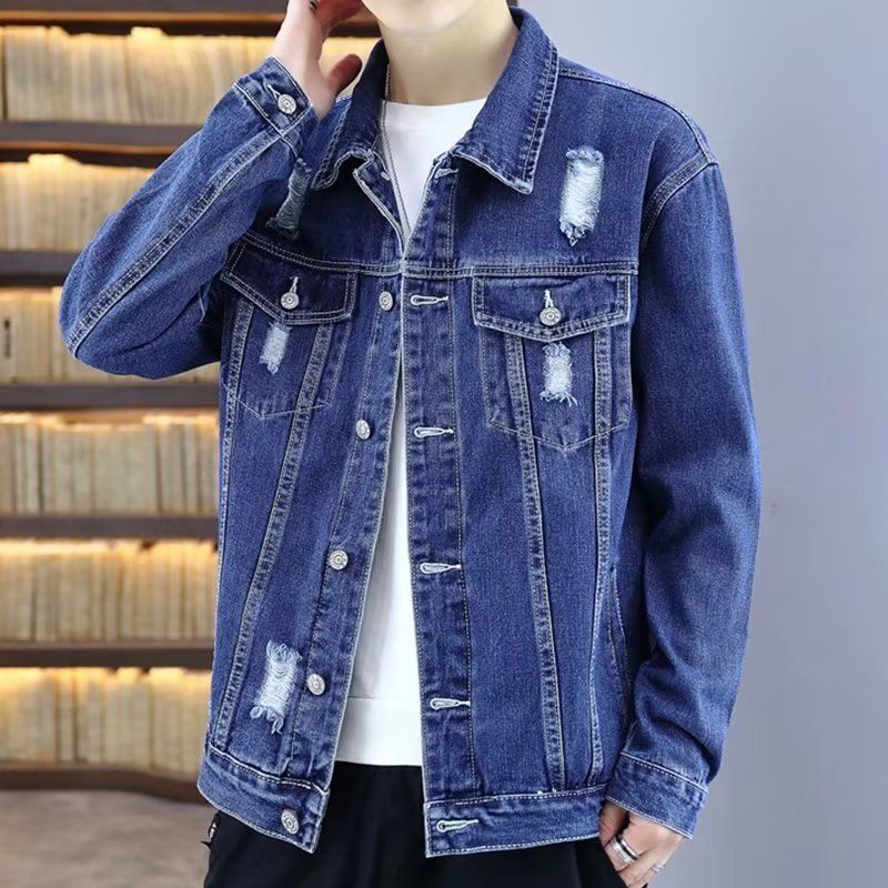Men's Distressed Denim Jacket Slim Fit Casual Streetwear Cotton Coat For Spring Autumn_mkmklike.com