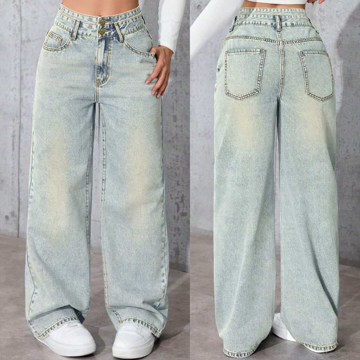 Women's Loose Straight Leg Wide Flare Double Button Jeans - High Waist Casual Denim Pants With Pockets_mkmklike.com