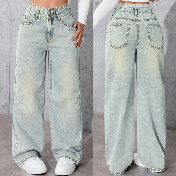 Women's Loose Straight Leg Wide Flare Double Button Jeans - High Waist Casual Denim Pants With Pockets_mkmklike.com