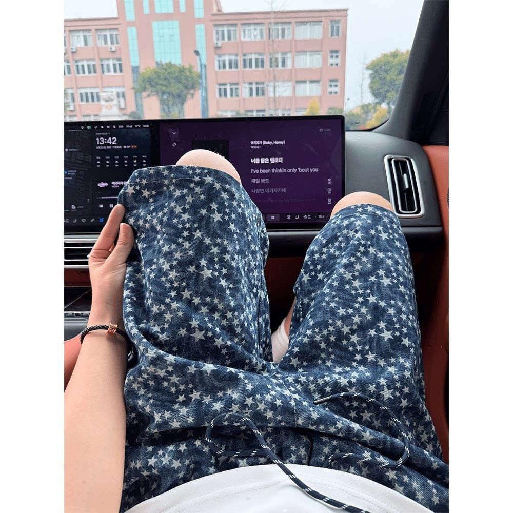 Men's Blue All Over Star Denim Shorts Straight Leg Five Quarter Length Summer American Casual Sports Pants_mkmklike.com