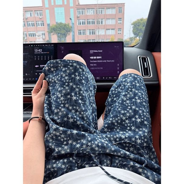 Men's Blue All Over Star Denim Shorts Straight Leg Five Quarter Length Summer American Casual Sports Pants_mkmklike.com