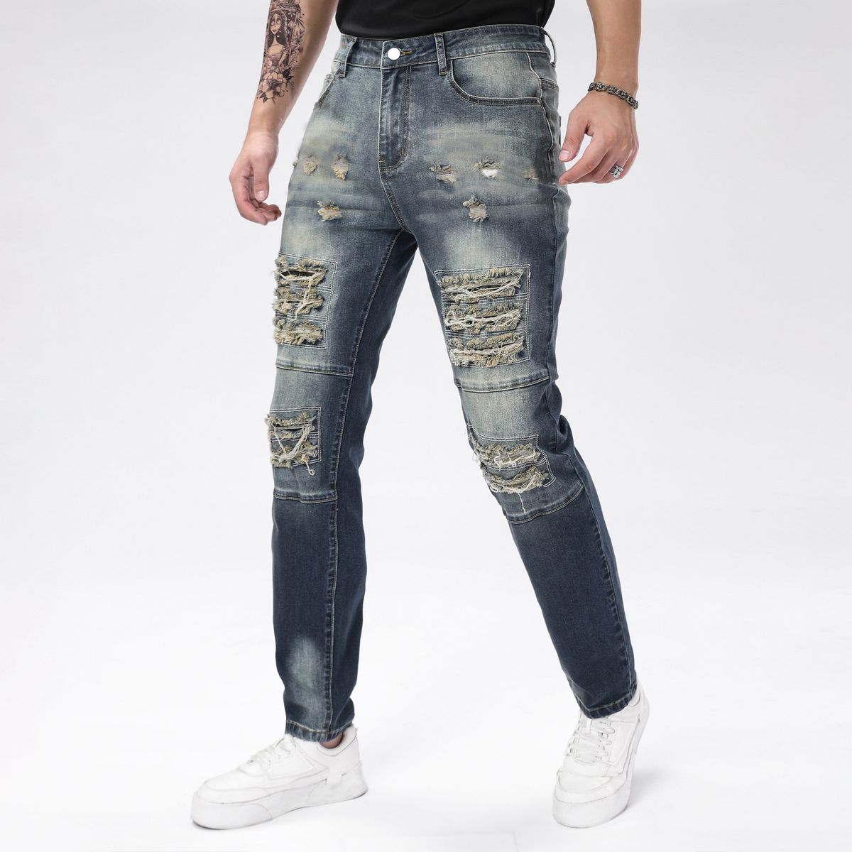 Men's Retro Distressed Jeans, Men's Stretch Heavy-duty Washed Nostalgic Small Leg Pants, Multi Craft Slim Fit And Slimming Color Worn Pants_mkmklike.com