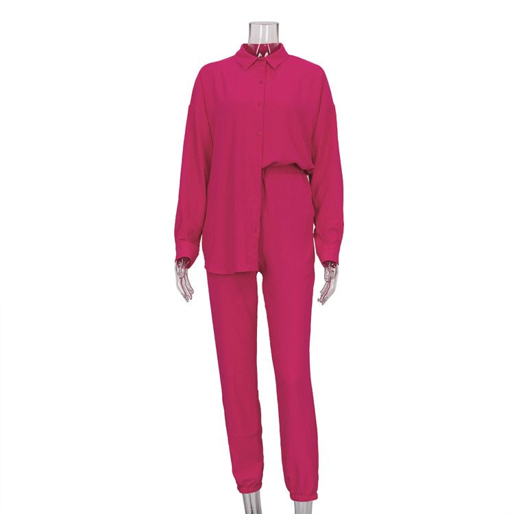 Women's Clothing new casual suit solid color lapel long-sleeved shirt top harem pants two-piece suit_mkmklike.com