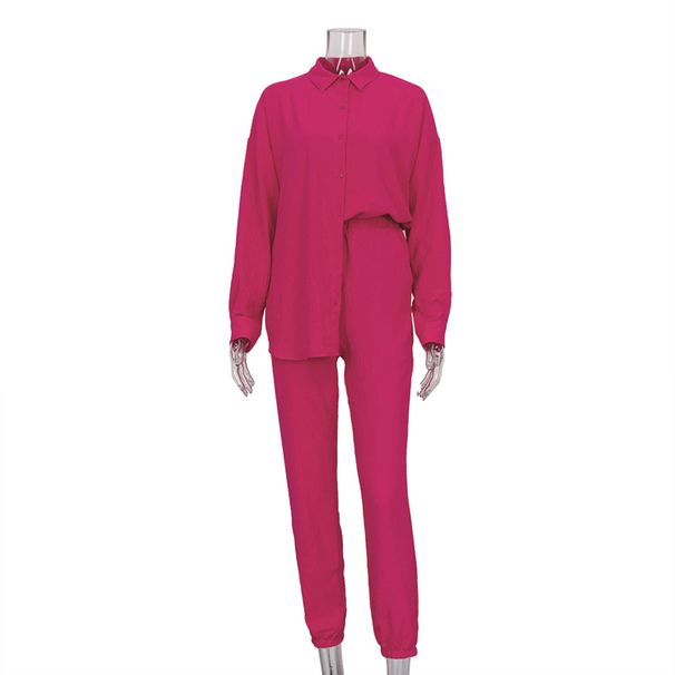 Women's Clothing new casual suit solid color lapel long-sleeved shirt top harem pants two-piece suit_mkmklike.com