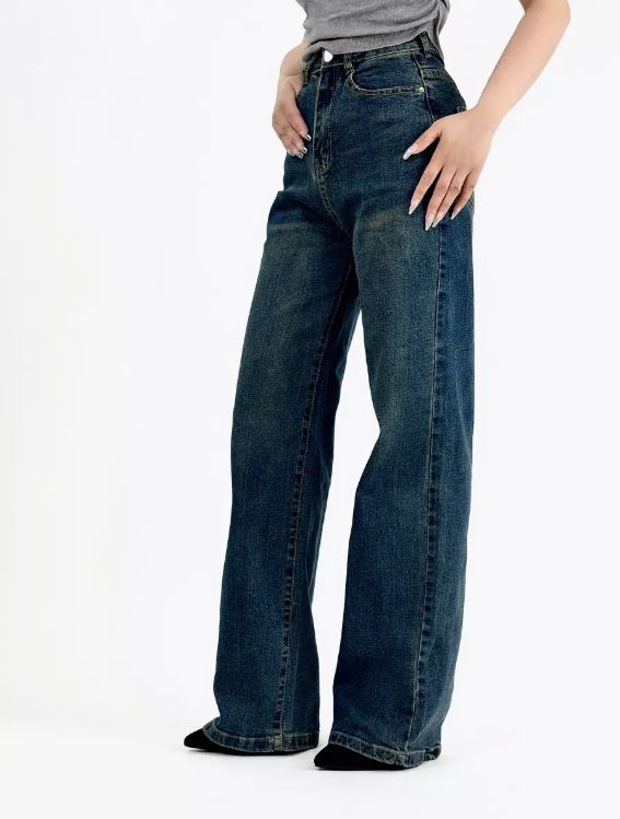 Women's Vintage Blue Wide Leg Jeans – Trendy High Waist Flared Denim Pants For Casual & Boho Style (Sizes 25-32)_mkmklike.com