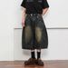 Men's Clothing Unisex Retro Washed Cracked Scimitar Cropped Jeans Loose Wide Leg Hip Hop Shorts American Street Style_mkmklike.com