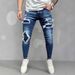 Men's Distressed Cat Whisker Patchwork Jeans – Slim Fit Stretch Denim, Vintage Wash (Cotton, Straight Leg, Streetwear Essential)_mkmklike.com