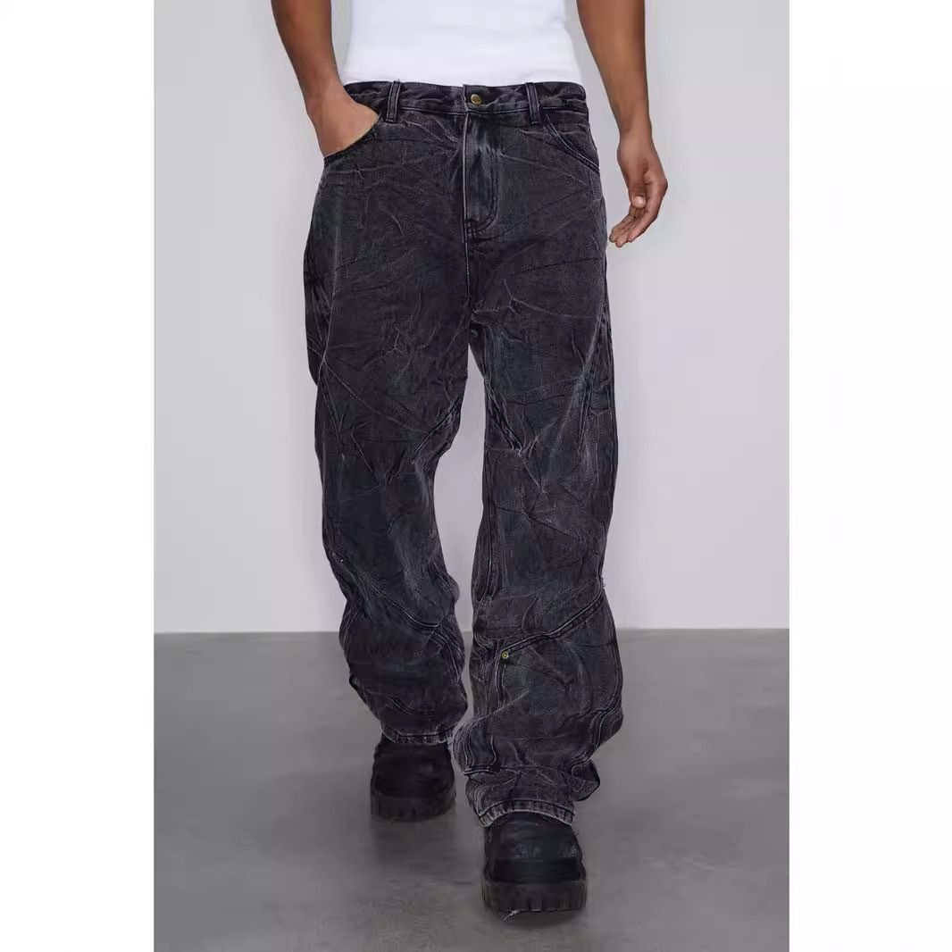 Men's Clothing Cleanfit Retro Snowflake Washed Jeans For Men Heavy Duty Distressed Ripple Pleated Vibe Straight Pants_mkmklike.com