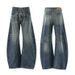 Unisex Vintage Blue Whiskered Scimitar Wide Leg Jeans Midweight Cotton Slightly Flared Loose Fitting Floor Length Sickle Shaped Straight Leg Denim_mkmklike.com
