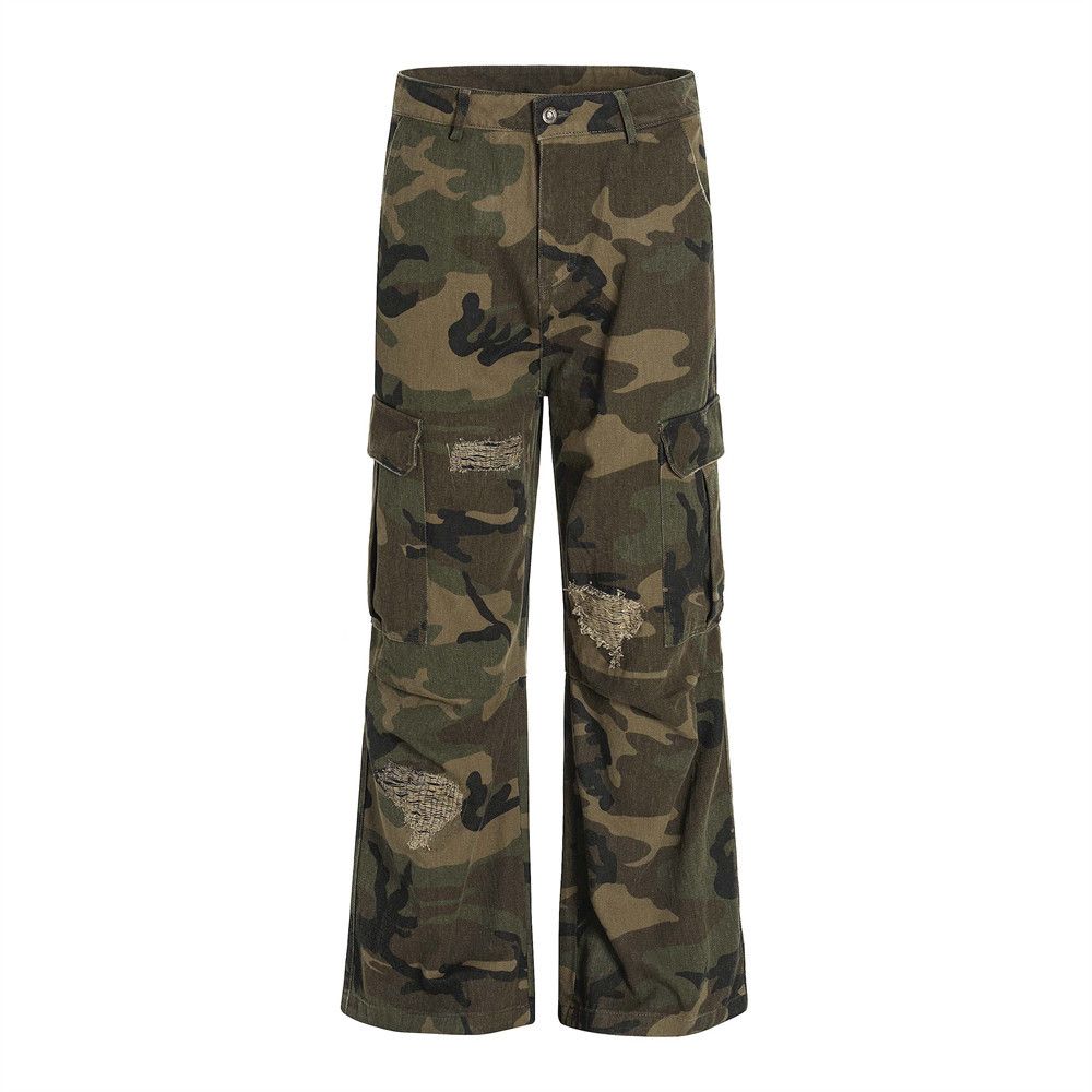Camouflage Cargo Men Multi-Pocket Pleated Design Vibe Streetwear Distressed Frayed Flared Pants_mkmklike.com