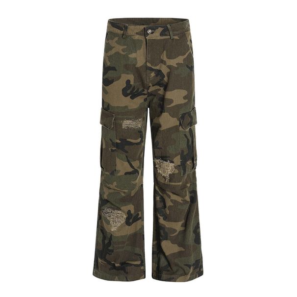 Camouflage Cargo Men Multi-Pocket Pleated Design Vibe Streetwear Distressed Frayed Flared Pants_mkmklike.com