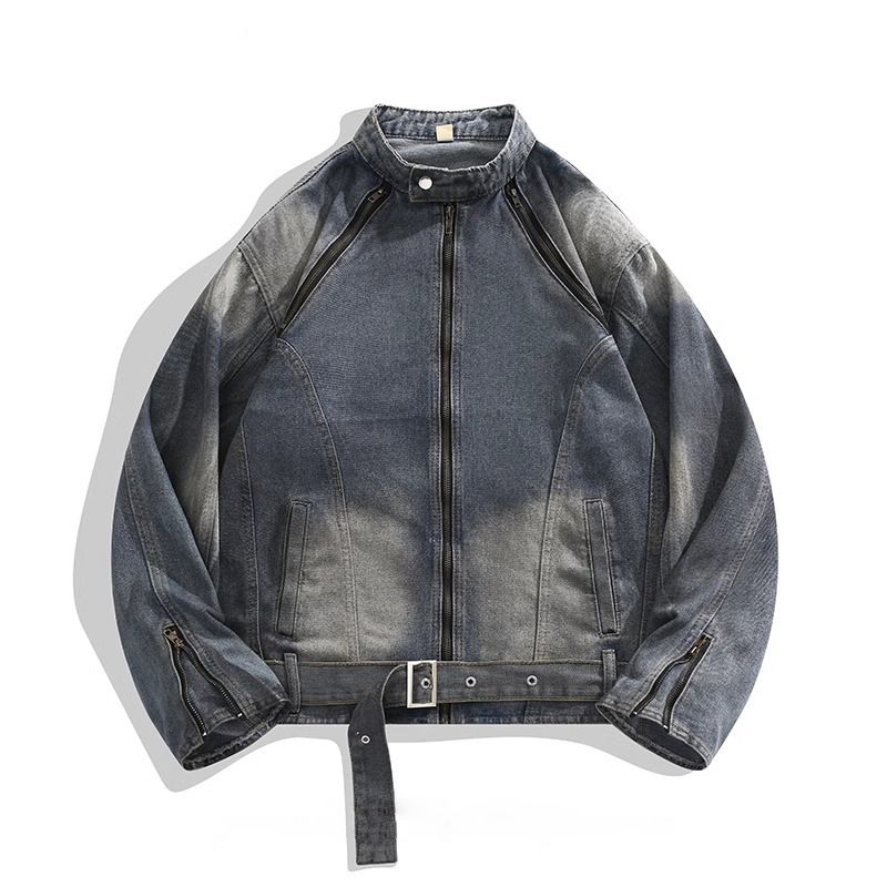 Men's Clothing Men's Retro Denim Jacket With Zip & Waist Belt, Deconstructed Patchwork Workwear Coat, Loose Fit Casual Outerwear For Spring & Autumn_mkmklike.com