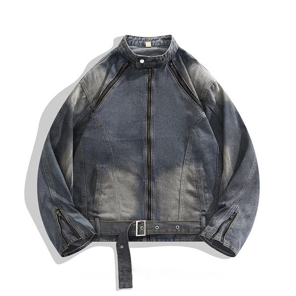 Men's Clothing Men's Retro Denim Jacket With Zip & Waist Belt, Deconstructed Patchwork Workwear Coat, Loose Fit Casual Outerwear For Spring & Autumn_mkmklike.com