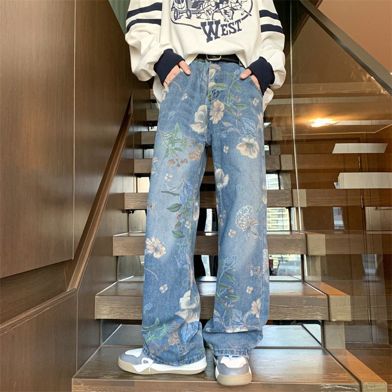 Men's Clothing Street Print Jeans For Men Autumn Trend Vibe Style Loose Versatile Design Mopping Wide Leg Pants_mkmklike.com