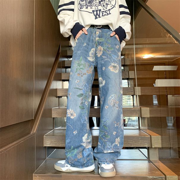 Men's Clothing Street Print Jeans For Men Autumn Trend Vibe Style Loose Versatile Design Mopping Wide Leg Pants_mkmklike.com