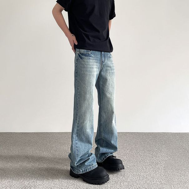 Men's Clothing High Street Cleanfit Jeans Distressed Washed Cleanfit Jeans For Men - Vintage Straight Leg Bootcut Denim Pants With Multi-Pocket Design_mkmklike.com