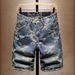 Men's Vintage Jacquard Denim Shorts - Retro American Style Stretch Mid-Thigh Casual Shorts For Summer (Light Blue)_mkmklike.com