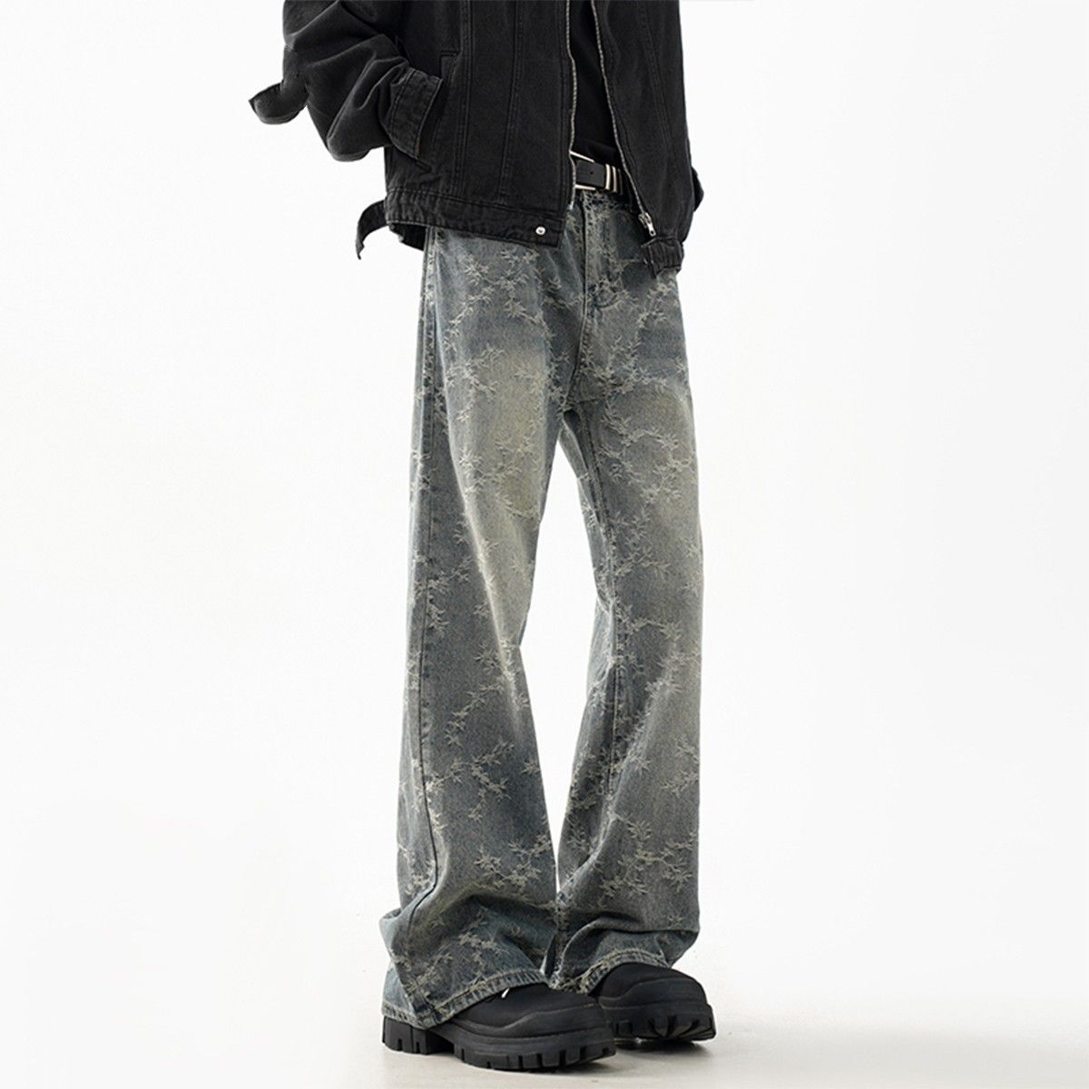 Men's Clothing American High Street Vibe Jacquard Jeans Men's Autumn Trendy Brand Washed Straight Casual Pants Loose And Handsome Flared Pants_mkmklike.com