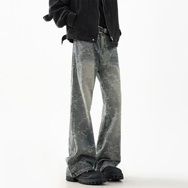 Men's Clothing American High Street Vibe Jacquard Jeans Men's Autumn Trendy Brand Washed Straight Casual Pants Loose And Handsome Flared Pants_mkmklike.com