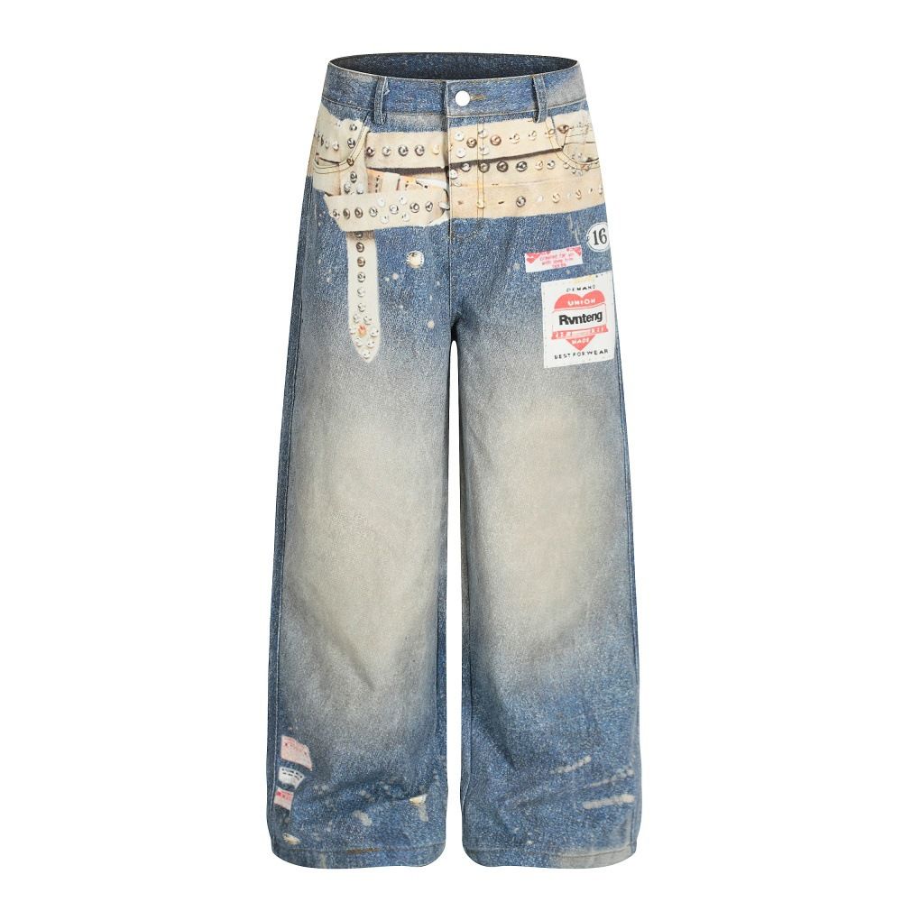 High Street Design 3D Digital Print Wide-Leg Jeans For Men, Distressed Washed Loose Fit, Unique Niche Straight-Leg_mkmklike.com