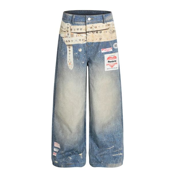 High Street Design 3D Digital Print Wide-Leg Jeans For Men, Distressed Washed Loose Fit, Unique Niche Straight-Leg_mkmklike.com