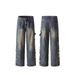 Vintage Distressed Denim Jeans For Men - Retro Washed Blue Relaxed Fit With Faux Rips & Patch Details_mkmklike.com