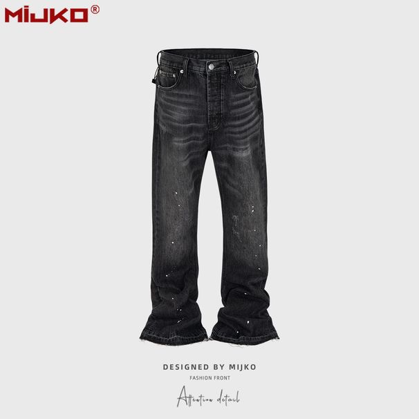 MIJKO Men's And Women's Ink Splash Flared Cat Whiskers Jeans Unisex American Retro Textured Slim Fit Long Pants Trendy_mkmklike.com