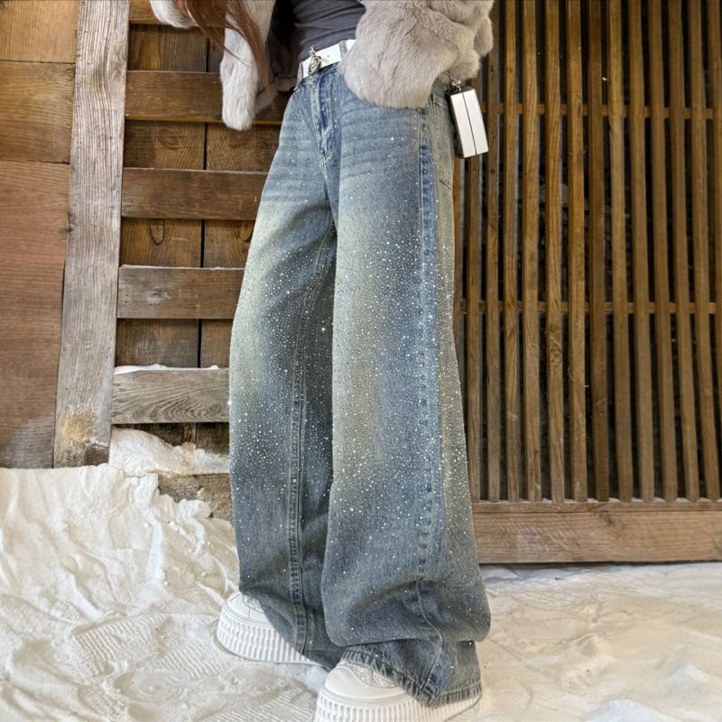 Women's Clothing Sparkly Rhinestone Straight Leg Jeans High-Waist Wide Leg Pants Fashionable Spring_mkmklike.com