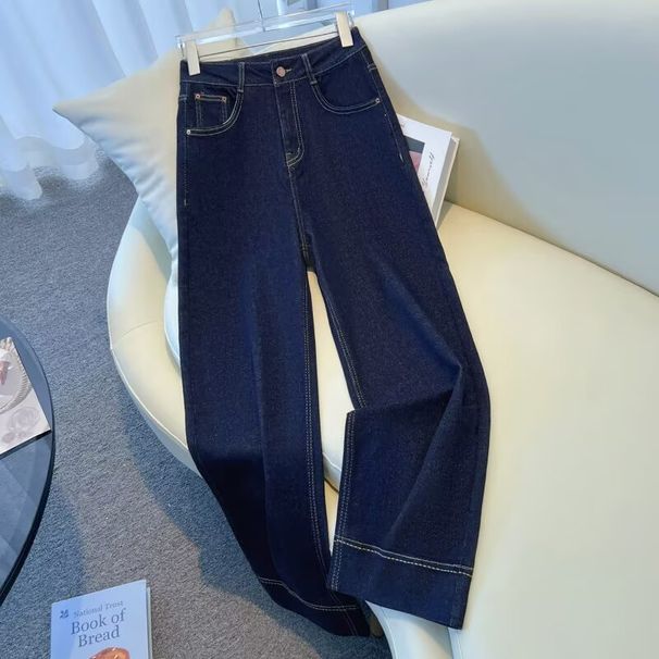 Women's Dark Blue Soft Denim Wide Leg Pants High Waisted Slimming Versatile Loose Fitting Straight Leg Trousers For Spring And Autumn Style_mkmklike.com