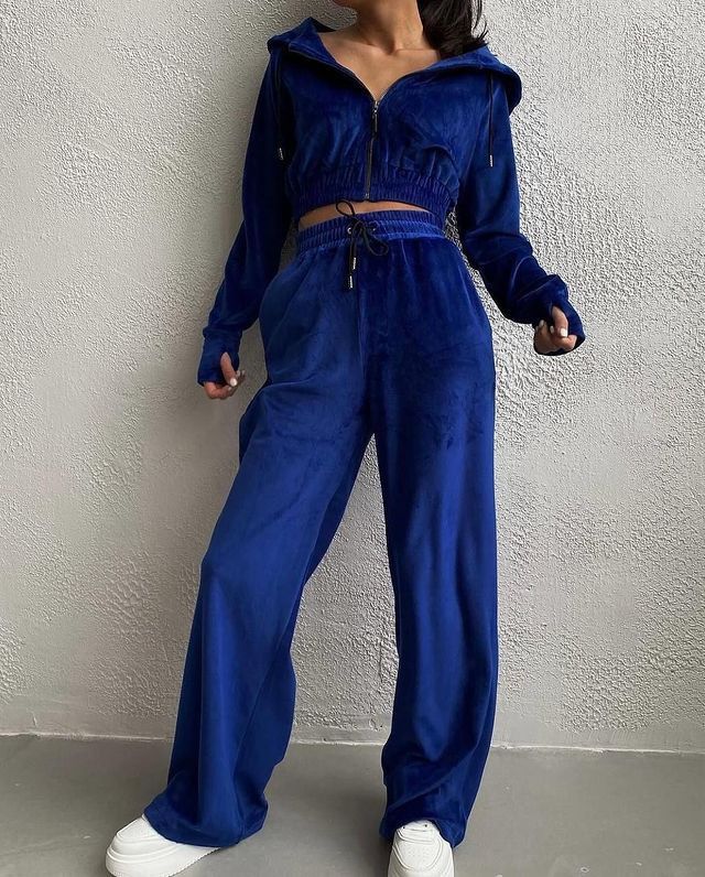 Women's Clothing Suit Solid Color Long Sleeve Zipper Hoodie Lace up Pants Two piece Set_mkmklike.com