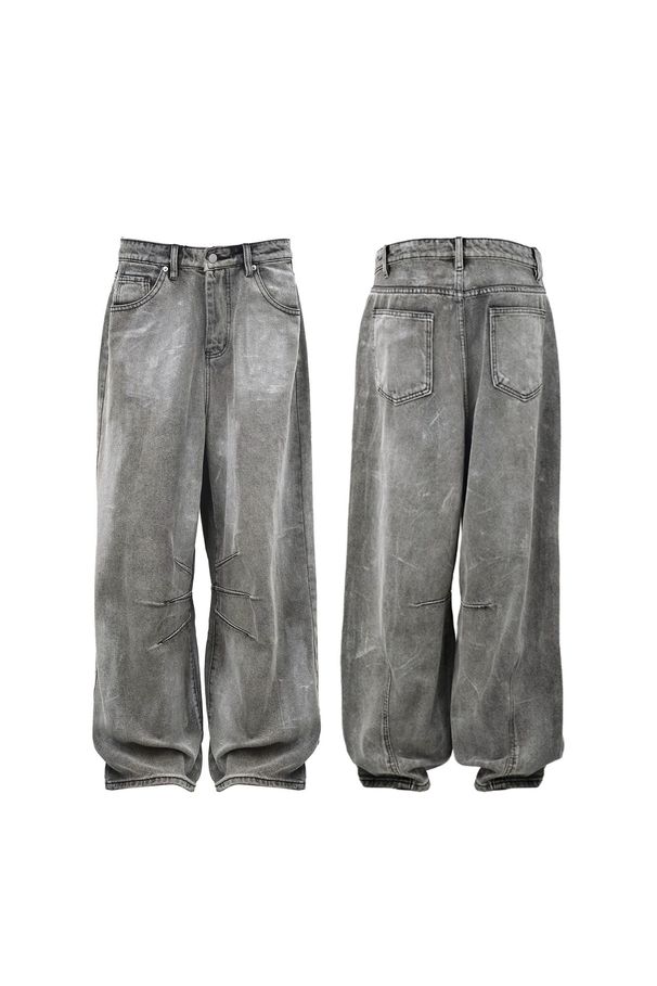 Men's High Street Washed Distressed Gradient Jeans - Loose Fit Wide Leg Casual Trousers For Spring & Autumn_mkmklike.com