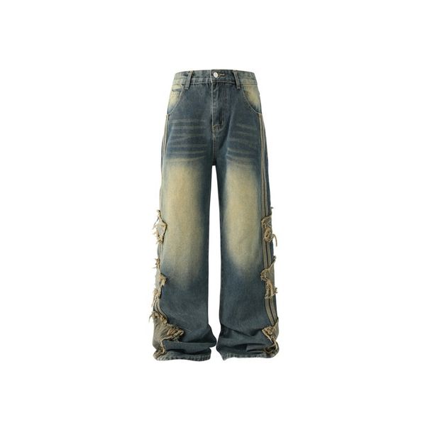 Men's Clothing Unisex High Street Patchwork Striped Star Appliqué Straight Leg Jeans Distressed Flared Wide Leg Floor Length High Street_mkmklike.com