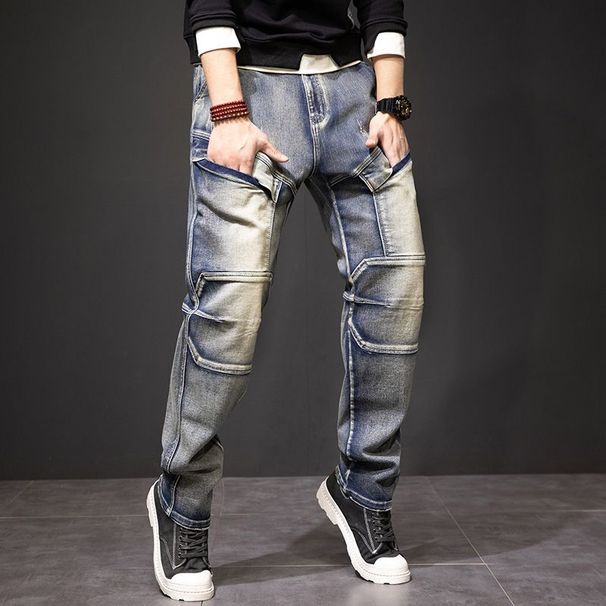 European And American Trendy Brand Multi Pocket Outdoor Retro Jeans Men's High Street Nostalgic Workwear Elastic Jeans Splicing Style_mkmklike.com