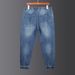Fattened Plus-size Patch Jeans Men's Trendy Brand Elastic Waist Splicing Model Tied Feet Foreign Trade Denim Nine-point Pants Men_mkmklike.com
