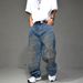 Post-Apocalyptic Washed Jeans – Distressed Oversized Straight-Leg Denim Pants For Men – Grunge Streetwear With Dirty Wash (Dark Blue, S-3xl)_mkmklike.com
