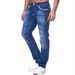 High Street Men's Jeans Dark Blue Embroidery Elastic Slim Fit Small Straight Casual Men's Trousers_mkmklike.com