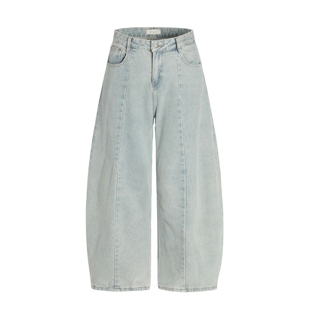 Heavy-duty Washed Denim Men's Punk Street Fashion Banana Scimitar Wide-leg Pants Distressed Deconstructed Split Trousers_mkmklike.com