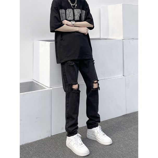 Nordmann American High Street Jeans Black Summer Slim Straight Leg Vintage Hip Hop Super Ripped Beggar Pants For Men_mkmklike.com