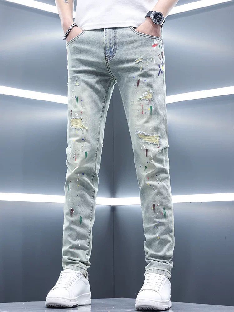 Korean Version Of Washed Trendy Retro Ripped Jeans Trendy Brand Slim Fit Men's Casual Autumn Elastic Pants Men's_mkmklike.com
