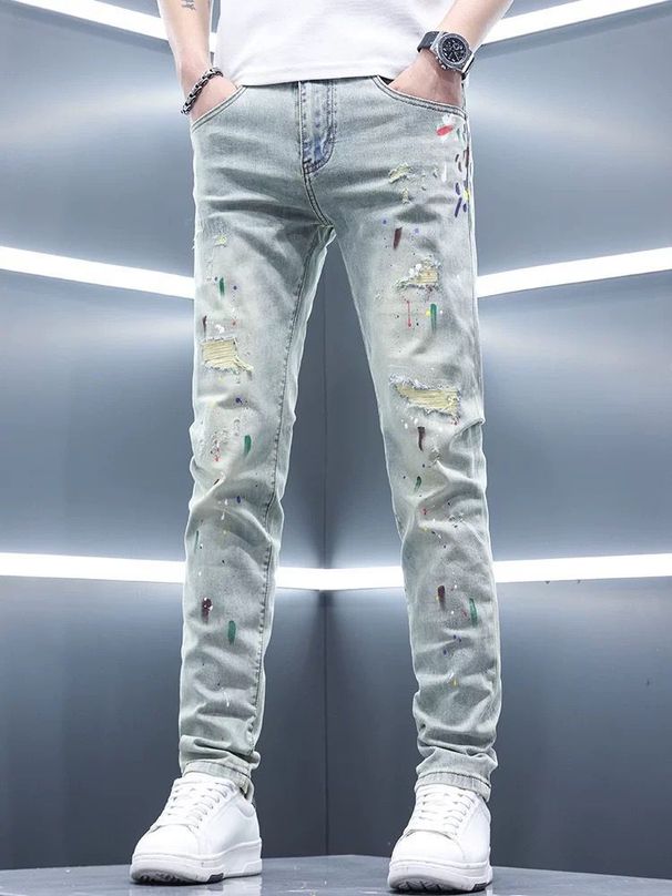 Korean Version Of Washed Trendy Retro Ripped Jeans Trendy Brand Slim Fit Men's Casual Autumn Elastic Pants Men's_mkmklike.com