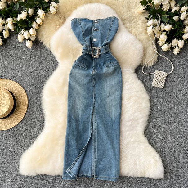 Women's Clothing Sleeveless Tube Top Dress For Women Summer New Pure Desire Hot Girl Waist Hip Slit Denim Long Skirt_mkmklike.com