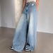Women's Clothing Women's Casual Loose Fit Jeans Ripped Blue Hot Stamping Rhinestones For Formal & Casual For Women_mkmklike.com