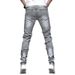 2023 Summer New Men's Light Gray Slim Fit Motorcycle Patchwork Frayed Hem Jeans Trendy Skinny Mid-Waist Pants_mkmklike.com
