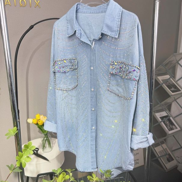 Women's Clothing Early Spring Striped Crystal Hot Diamond Denim Jacket Casual Loose Shirt_mkmklike.com