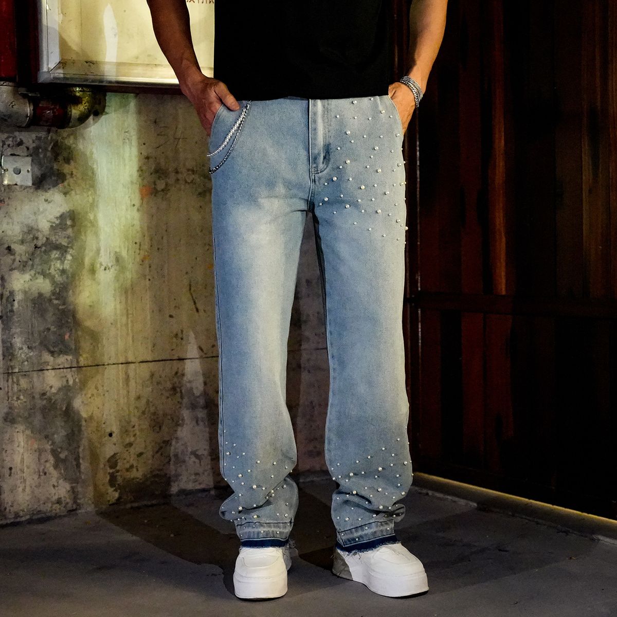 Men's Embellished Straight Leg Jeans | Rhinestone & Bead Detail Relaxed Fit Denim Pants For Big And Tall_mkmklike.com