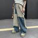 Vintage American Streetwear Washed Denim Pants Unisex Distressed Wide-Leg Jeans With Color Blocking And Curved Hem_mkmklike.com