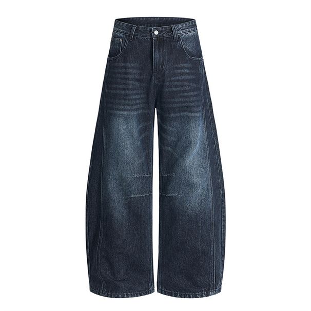 American Style Washed Vintage Scimitar Jeans Men's High Street Trend Loose Faded White Wide-Leg Casual Pants_mkmklike.com