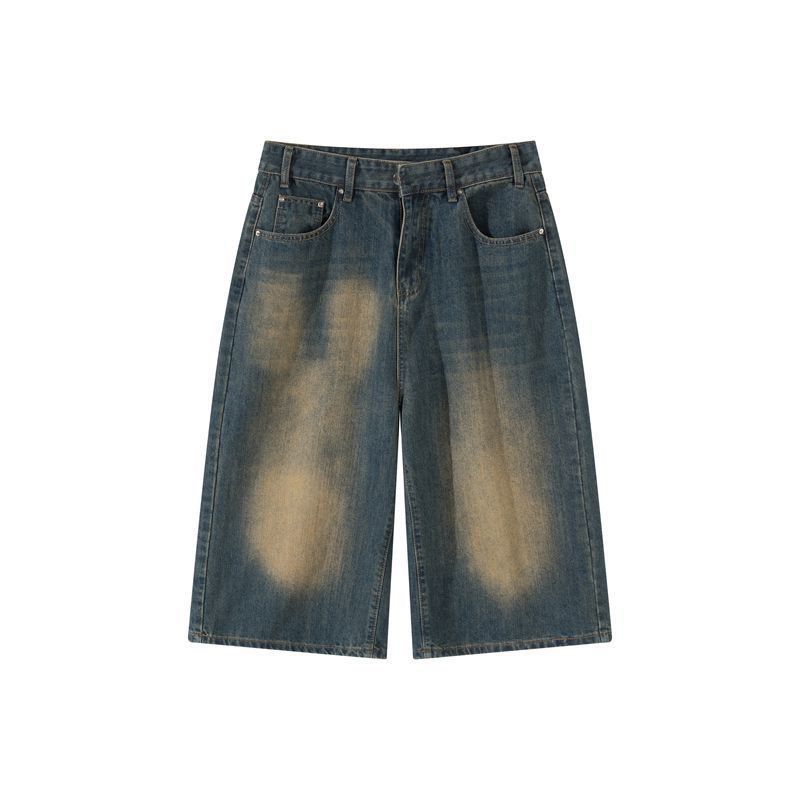 Women's American Retro Distressed Blue Cropped Jeans Summer Thin Loose Fit Mid-Length Over The Knee Wide Leg Shorts_mkmklike.com