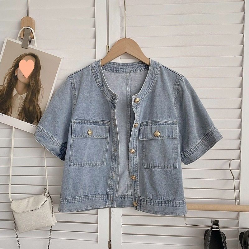 Chicco Sleeve Denim Shirt For Women Summer 2025 New Korean Style Casual Loose Design Washed Vintage Short Jacket_mkmklike.com