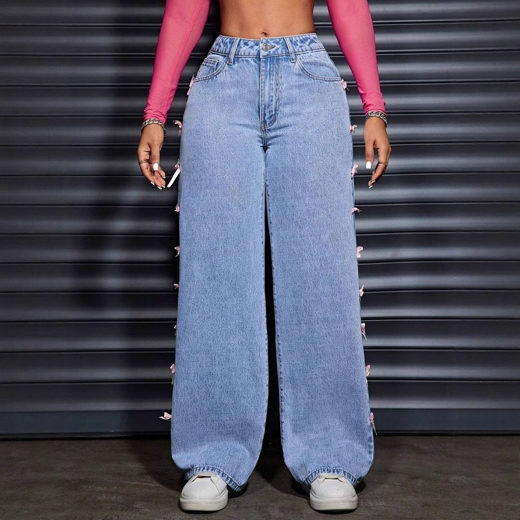 Women's High Waist Wide Leg Jeans - Vintage Washed Butterfly Embroidered Straight Denim Pants_mkmklike.com